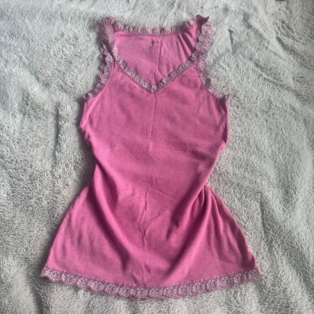 Route 66 Pink Y2K Ribbed Lace Trim Cami Tank Top Size M Vintage
